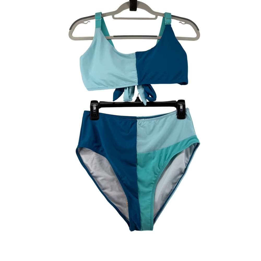 Colorblock High Waisted Bikini Set Women Size Large Blue Tie Back Adjustable